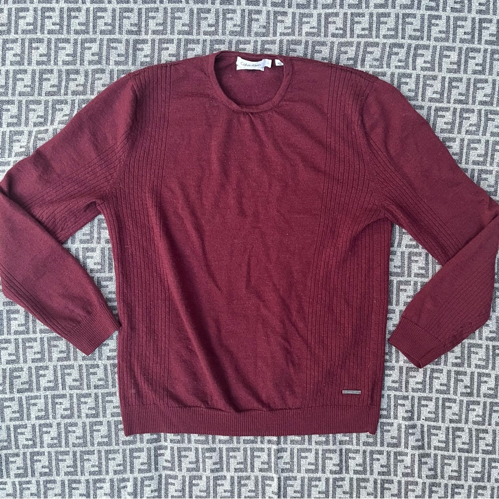 CALVIN KLEIN Merino Wool Crewneck Sweater - Burgundy - M/L